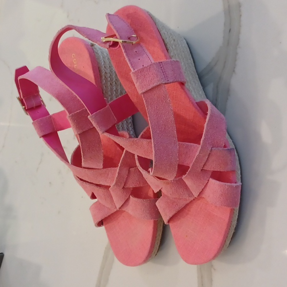 Cole Haan Crystal Wedge Sandals Pink Suede Neon Pink Platform Heel Size 7B